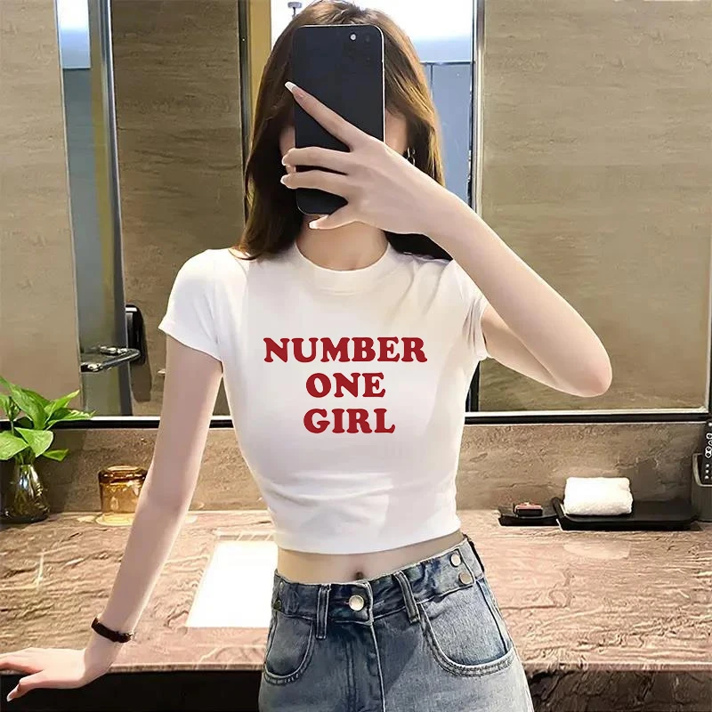 美式白色半高领短袖T恤女新款夏季洋气印花设计感露脐显瘦上衣ins