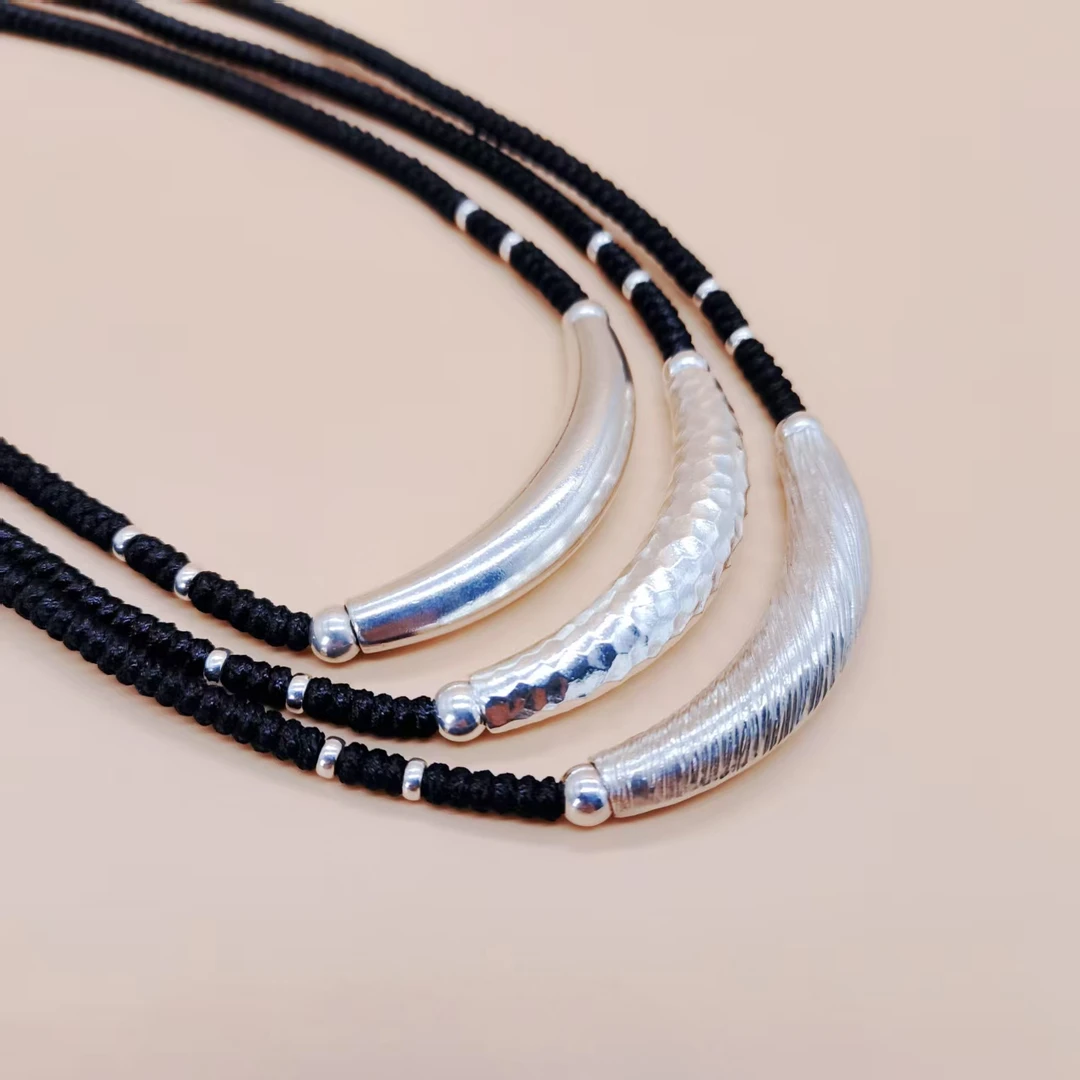 吊坠925银 925银路路通月牙弯管吊坠手工编绳项链女经典民族风