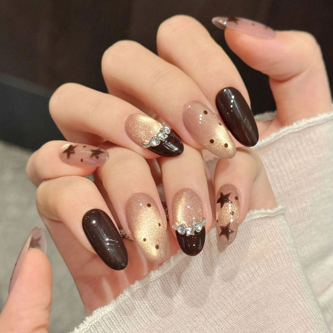 【法国星棕】秋冬新美拉德波点五角星璀璨香槟猫眼短款纯手工穿戴甲