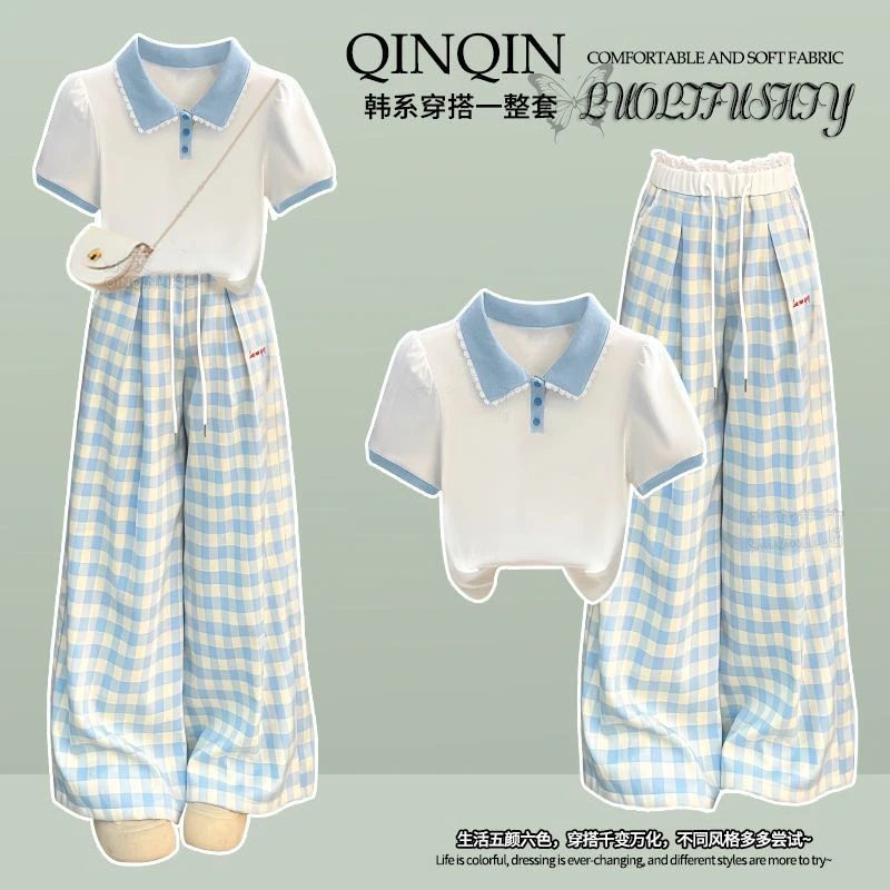 女童夏季阔腿裤套装2025大童Polo短袖T恤青少年格子裤学院风夏装