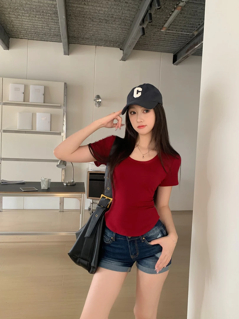 【百搭U领不规则显瘦】设计感 简约夏季修身纯色短袖T恤女好看上衣