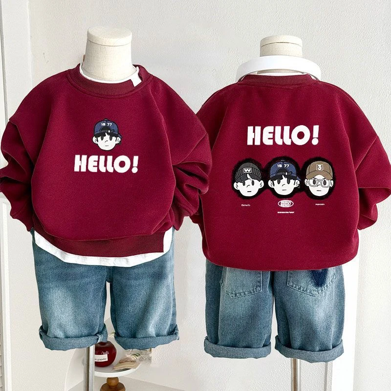 儿童假两件圆领卫衣2025冬季加绒韩版男女童上衣中小童宝宝套头衫