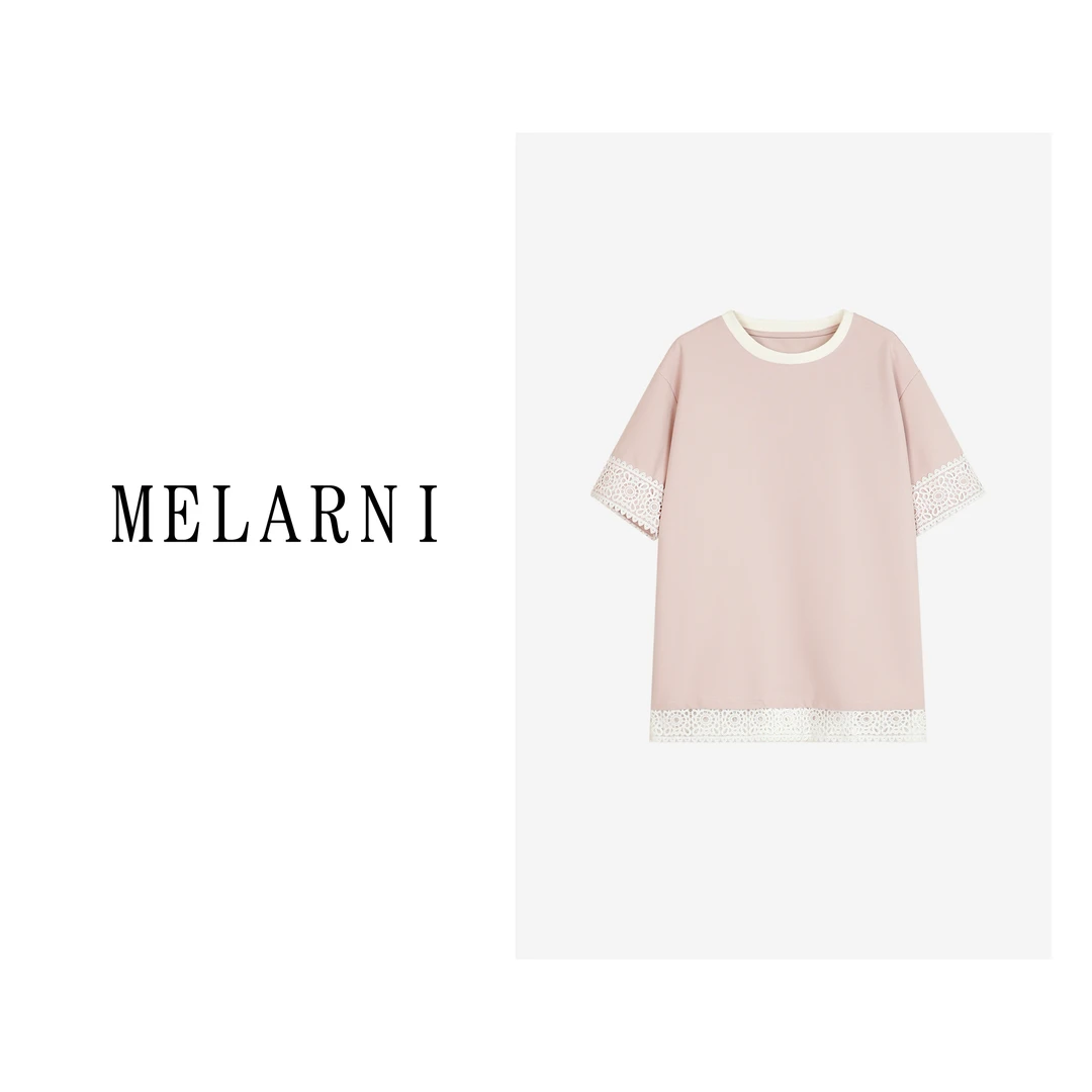 【MELARNI】蕾丝边T恤气质针织轻奢时尚夏季圆领拼接MLN11823