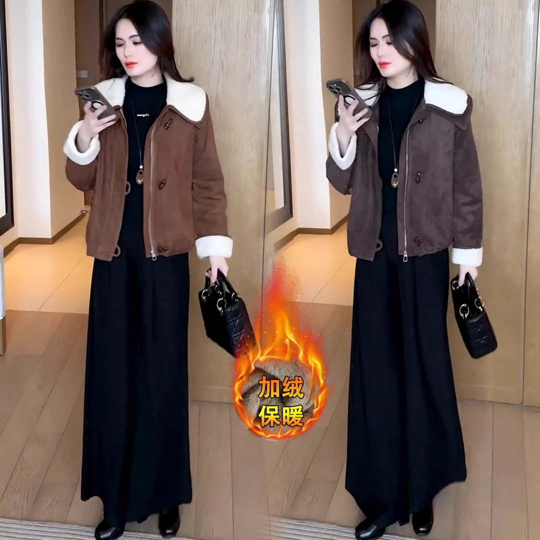 时尚毛领加绒保暖短外套女2025冬季新款洋气显瘦小个子拼接外套