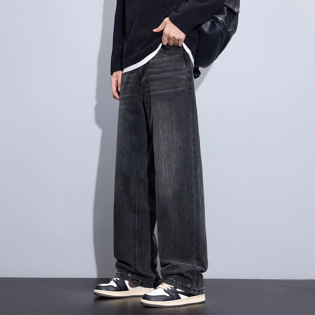 Kuvine2025秋季高街宽松直筒cleanfit百搭磨边金属镂空牛仔裤男款