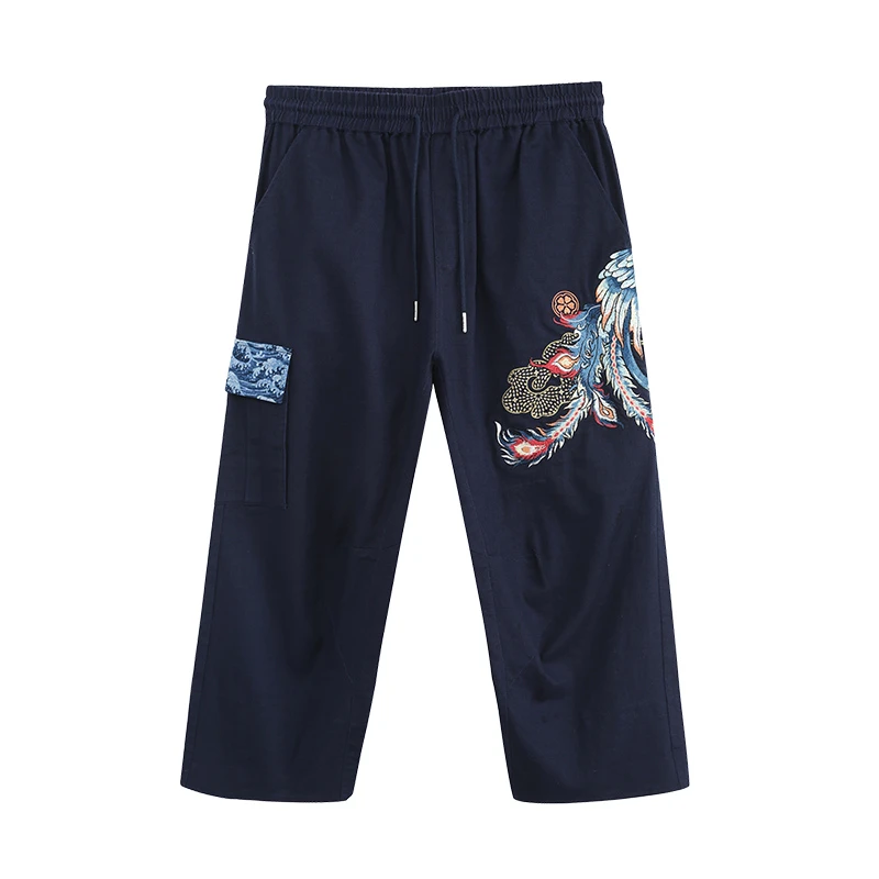 ONIARAI/鬼洗 泥棒蓝凤鸣九天刺绣夏季休闲宽松八分裤N540106