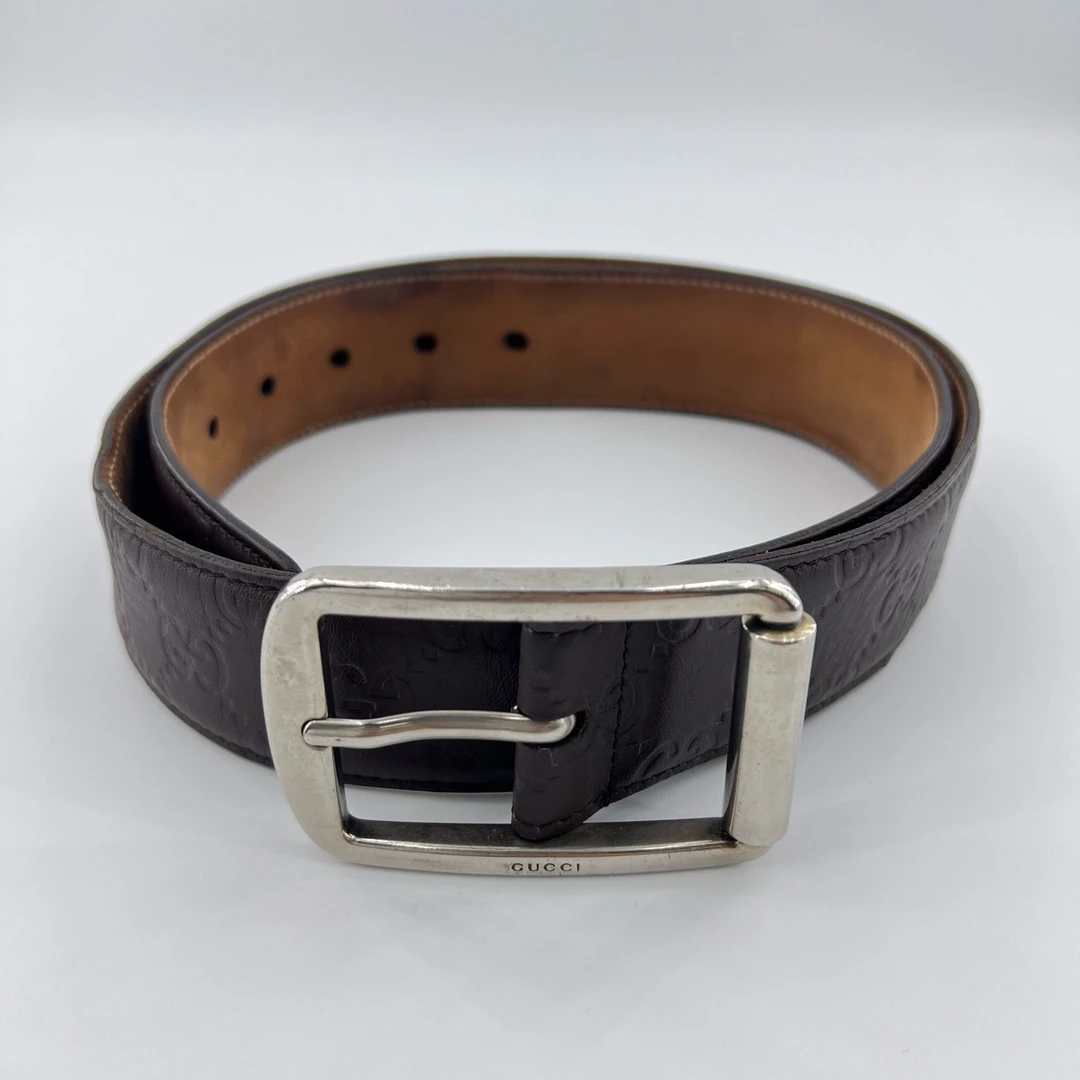 95新 GUCCI/古驰 4cm×85cm/银针扣黑色全皮满印压花腰带/12262650
