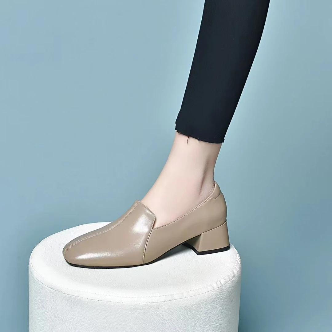 2025年中跟通勤粗跟方头软真皮单鞋秋季百搭软底高跟时尚女士皮鞋