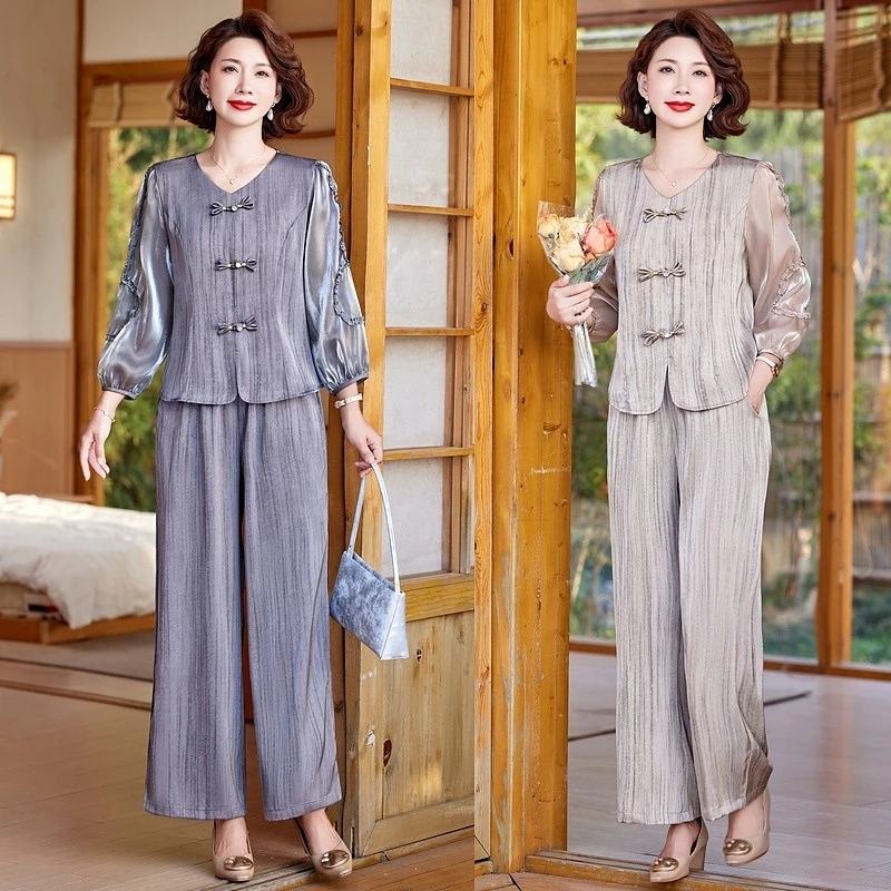 中年妈妈夏装短袖T恤套装2025新款阔太太妈妈装洋气休闲两件套