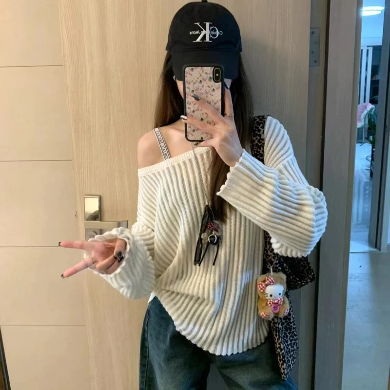 三色坑条微透视慵懒毛衣显瘦长袖针织短款时尚百搭宽松条纹韩版