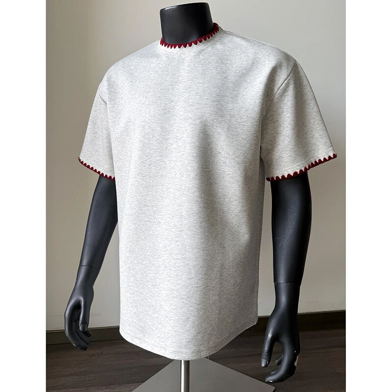 花灰色贝壳绣花短袖男款夏季美式复古高级感休闲t恤cleanfit半袖