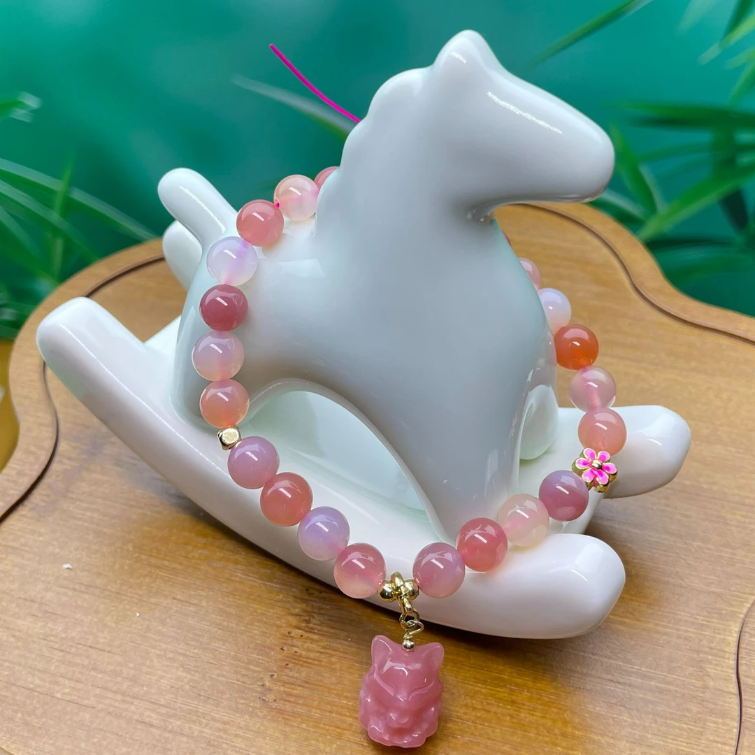 天然盐源玛瑙桃粉时尚气质百搭圆珠狐狸手串