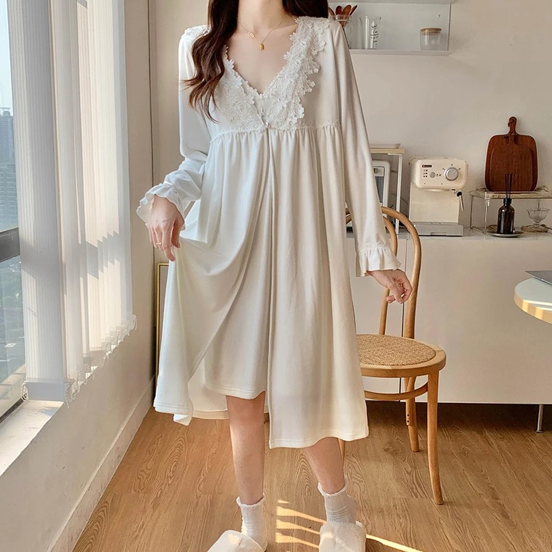 睡衣女秋冬季新款海岛绒薄绒双面绒甜美公主带胸垫长袖睡裙两件套