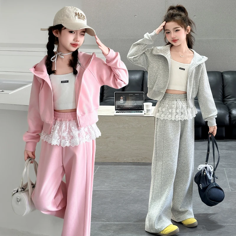 女童套装春秋新款洋气儿童休闲连帽外套中大童运动阔腿裤两件套潮