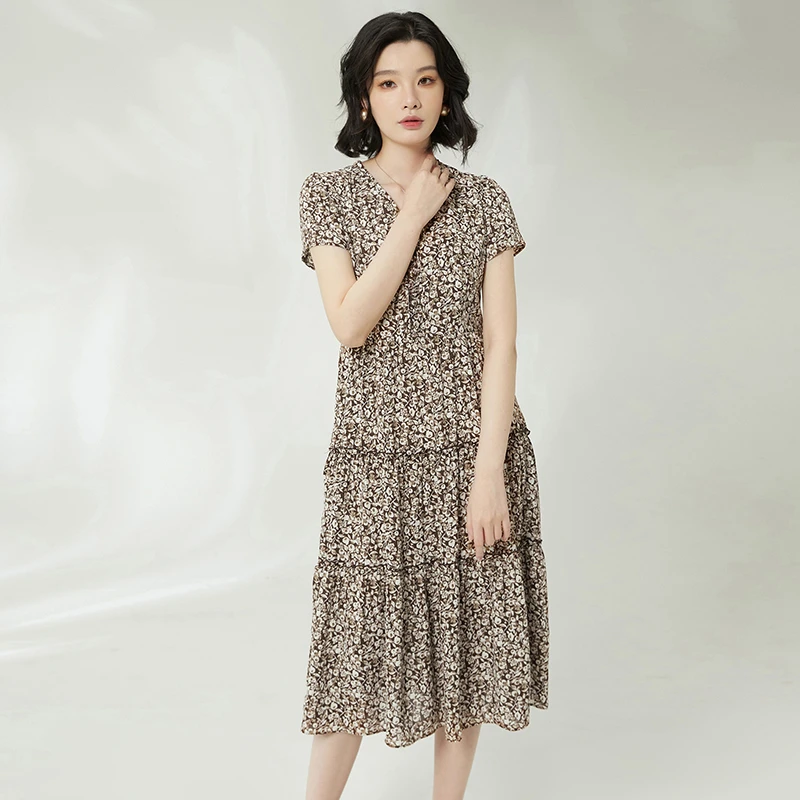 短袖碎花中长裙连衣裙专柜折扣女装2025夏52HH0A0136