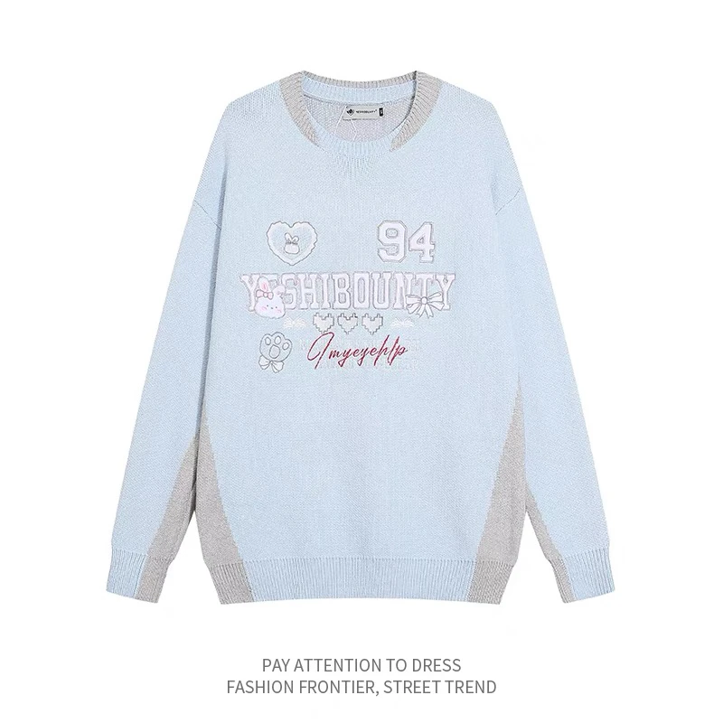 慵懒风兔子字母刺绣拼色圆领毛衣F213