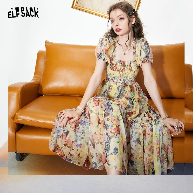 妖精的口袋 花园落日 春款法式方领连衣裙高腰拼接裙摆复古裙百搭