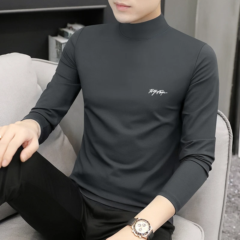 2025年秋冬男士半高领修身体恤莫代尔新款长袖保暖加绒内搭上衣服