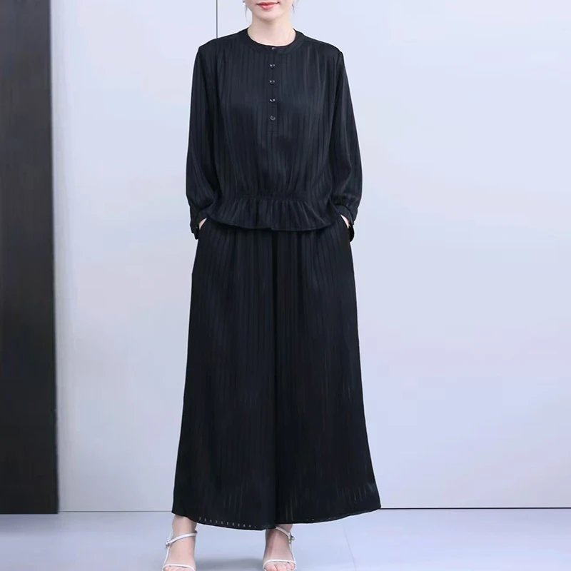 春夏时尚气质百搭女装单排扣打底衫+裤子套装洋气妈妈装6511