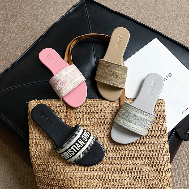 D家网红真皮H拖鞋女外穿夏季韩版新款百搭INS休闲凉拖软底一字拖