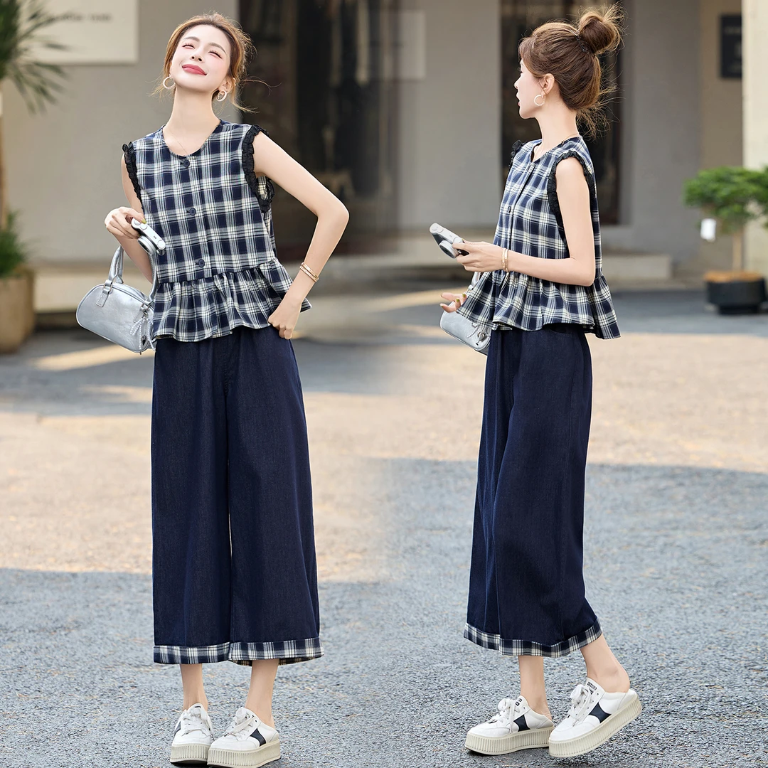 休闲时尚蕾丝拼接格纹套装女2025年夏季新款小个子阔腿裤两件套潮