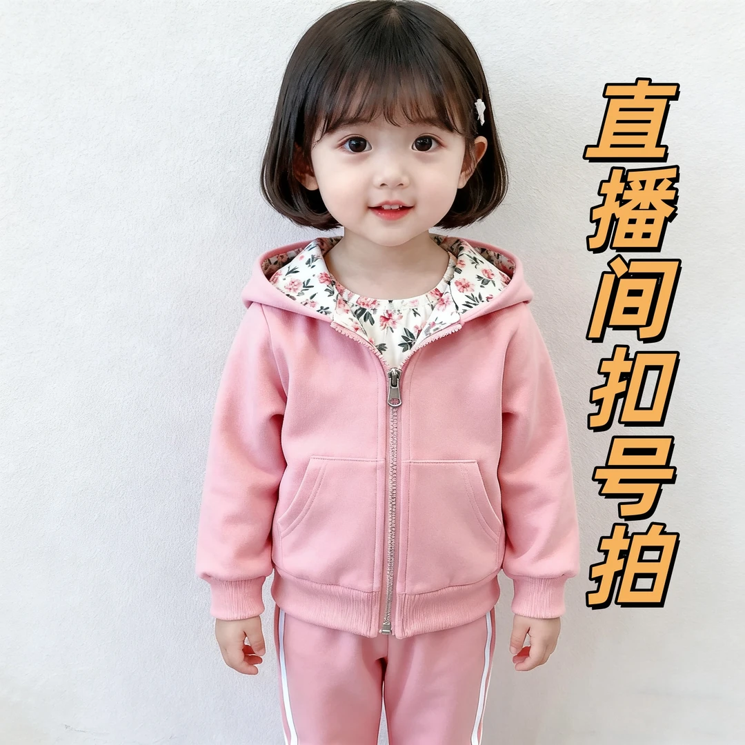 外贸拉链连帽套装春秋外套男女童卫衣冬款长袖套装甜美