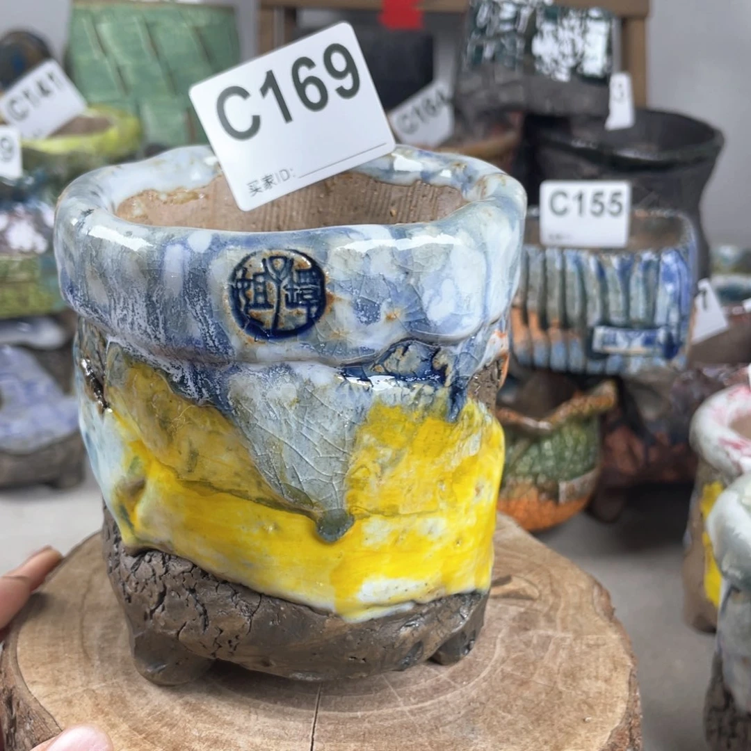 紫砂花盆孤品 不规则油画山石老桩 内口7.5