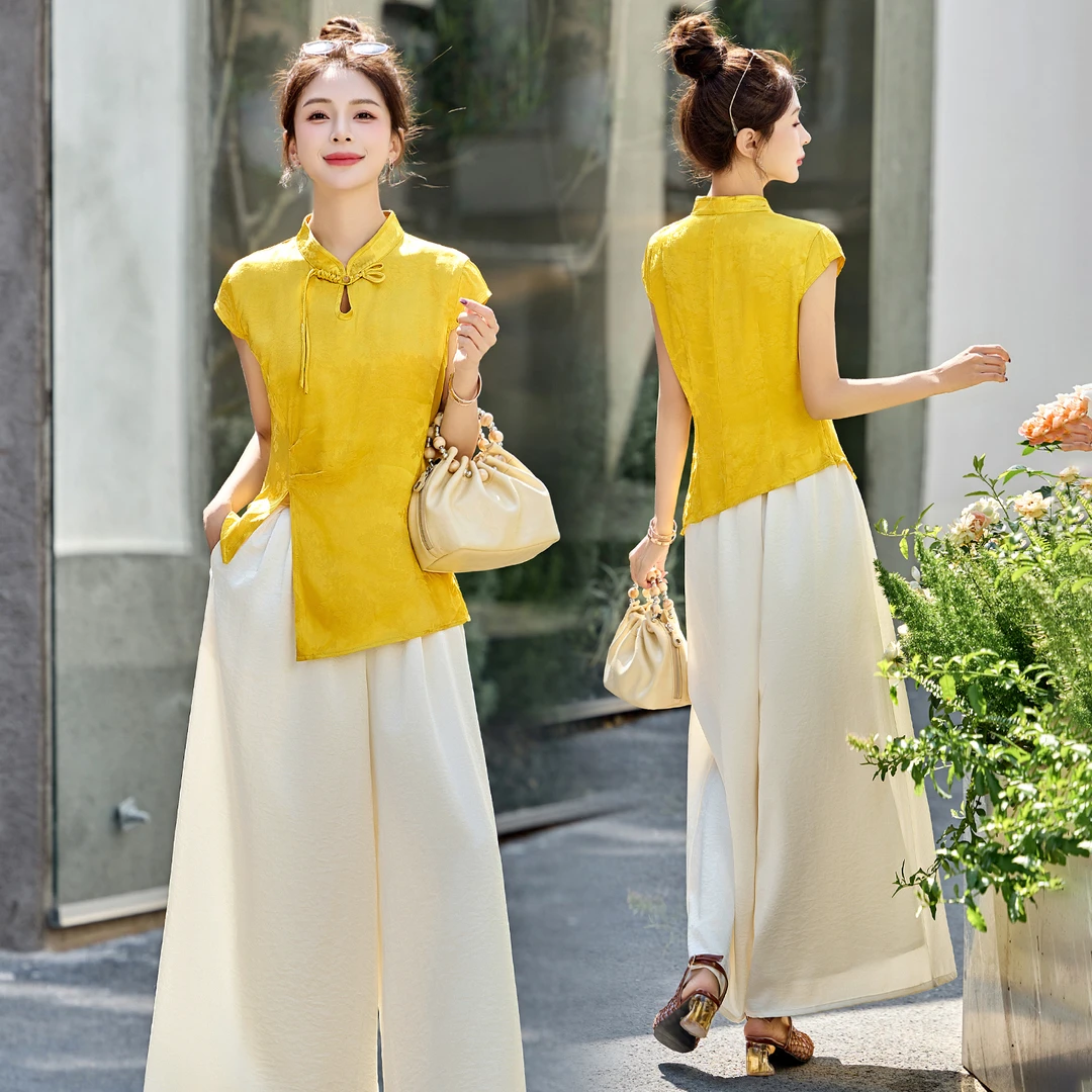 新中式国风套装女2025夏新款时尚洋气盘扣上衣小个子阔腿裤两件套