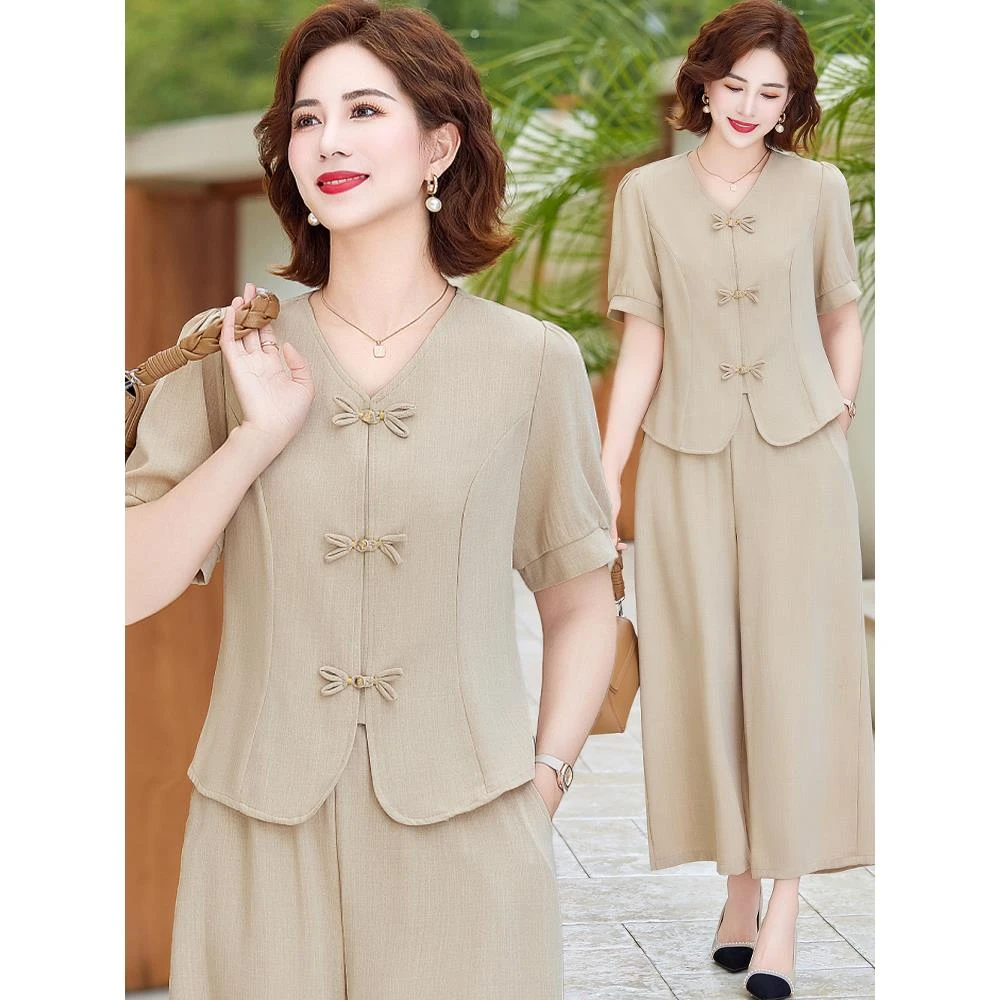 妈妈夏装中式2025新款套装洋气中老年女夏季短袖新中式小衫两件套