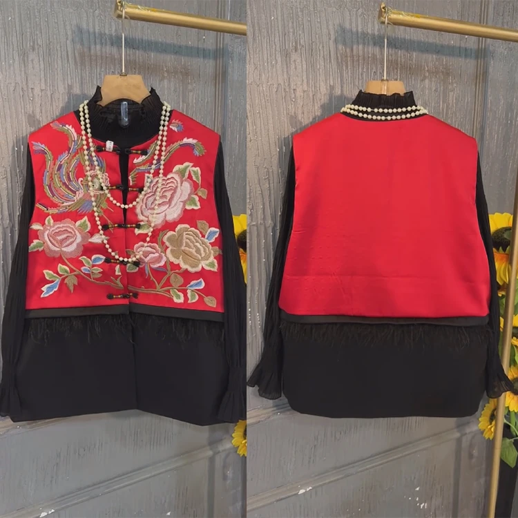 大码圆领毛毛装饰刺绣开衫马甲复古中国风宽松舒适气质百搭女装潮