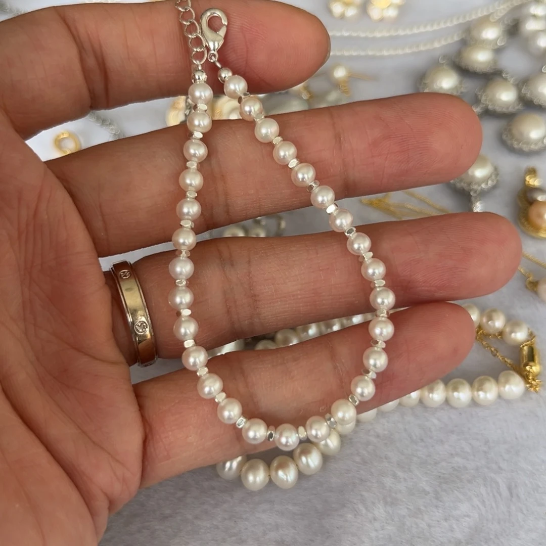 银S925镶嵌淡水珍珠耳饰小米珠手链