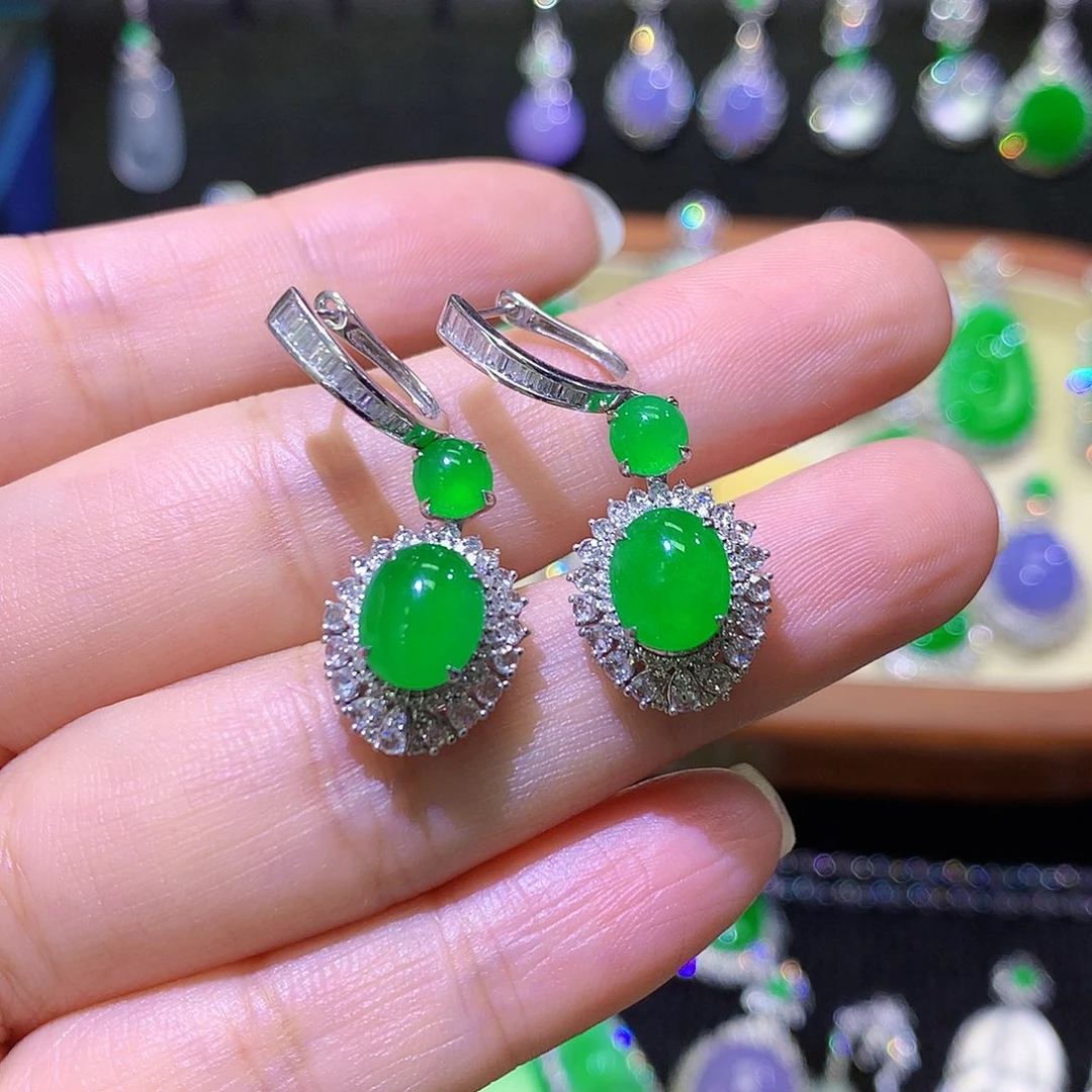 翡翠18K金镶嵌耳饰高冰满绿