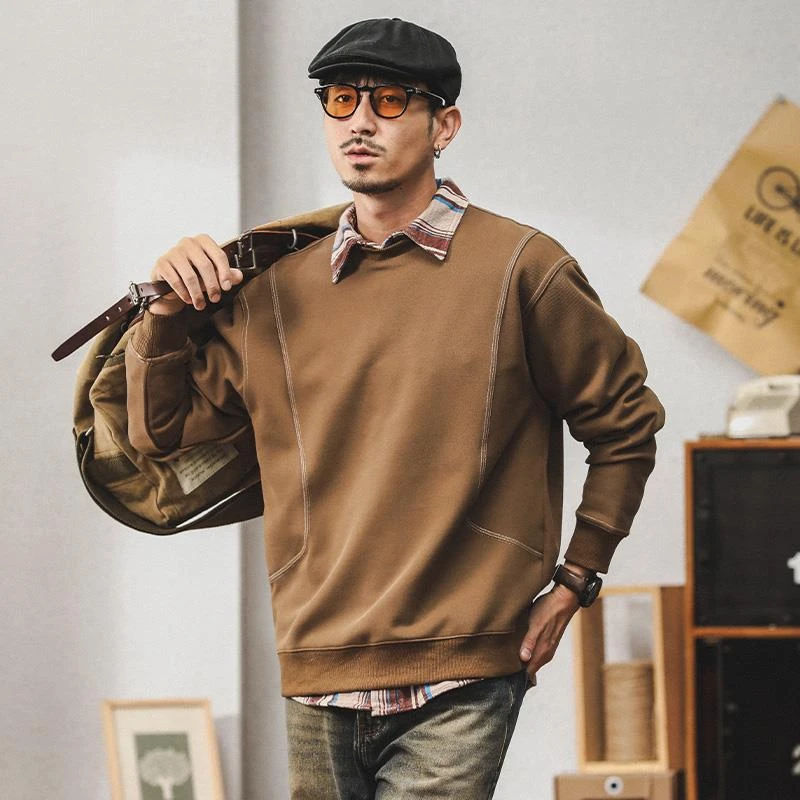 高级感美式重磅圆领卫衣男秋季2025新款宽松百搭纯色休闲男士上衣