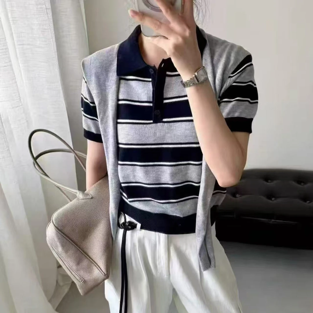 那简家【现货】韩系带披肩Polo领条纹短袖上衣女