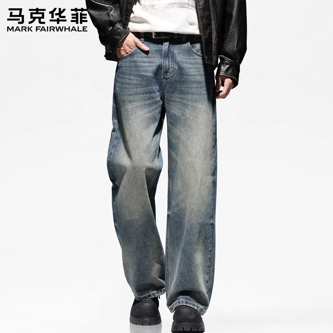 【100%棉】马克华菲春秋季新款休闲直筒牛仔裤痞帅风复古牛仔阔腿裤
