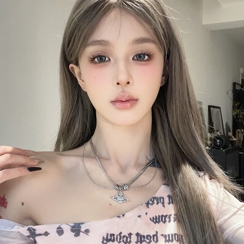 铜合金项链 金属镶钻土星双层叠戴项链女甜酷风锁骨链轻奢颈链潮