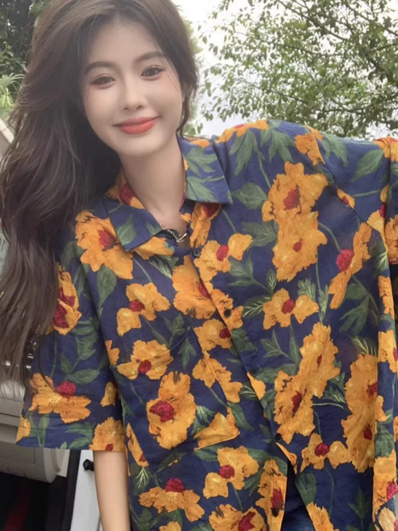 复古港风夏威夷碎花短袖衬衫女夏季高级感小众设计上衣