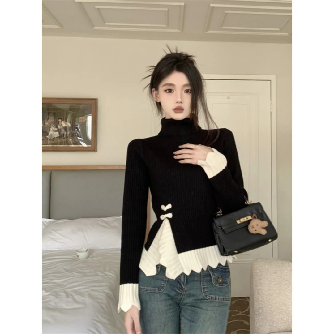 2025新款高领毛衣黑色拼布潇湘底衫女式早秋短上衣