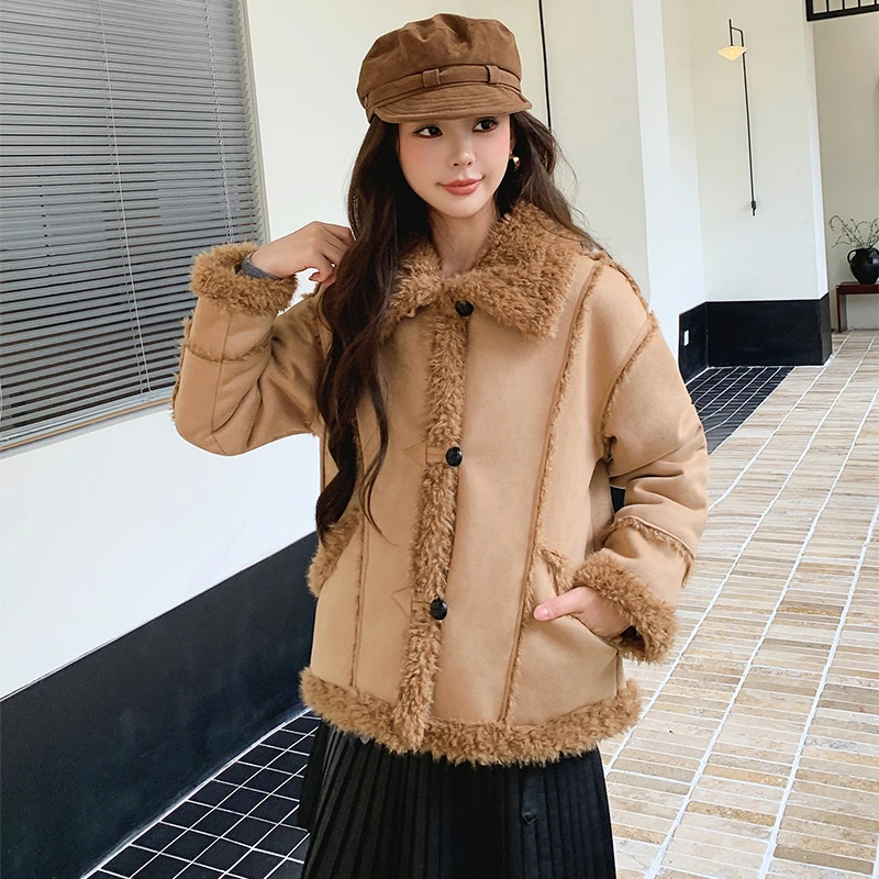 “燕麦黑巧”立领宽松圈圈环保羊羔毛皮毛一体上衣女冬加厚毛毛外套