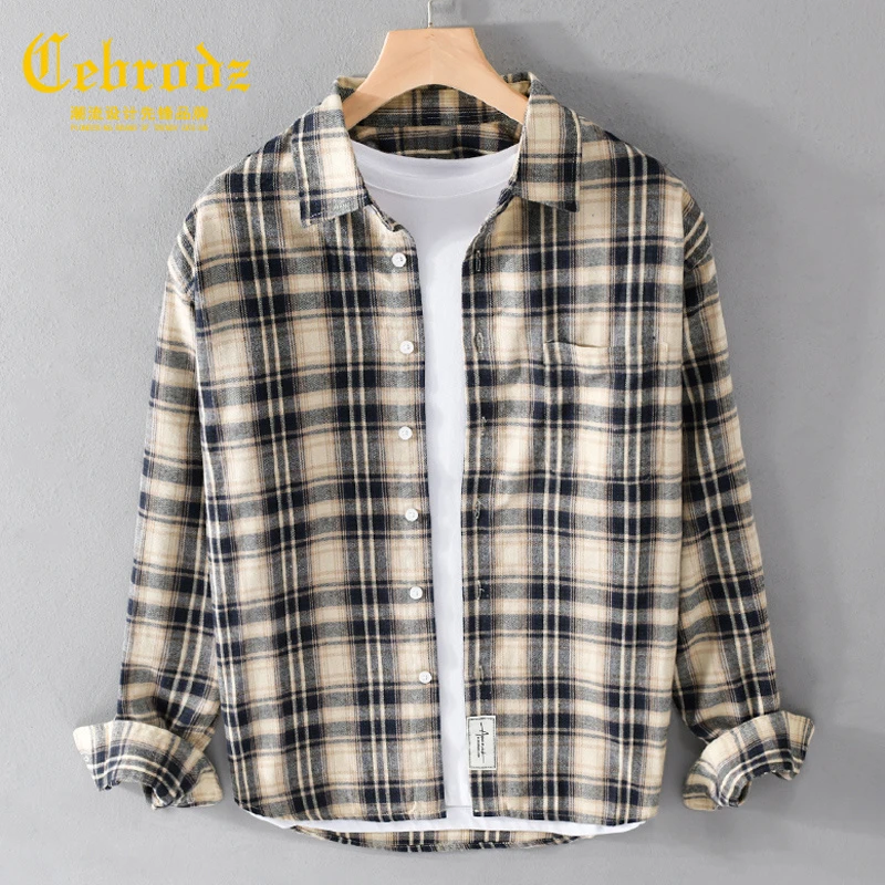 法国Cebrodz秋季男长袖法兰绒格子衬衫宽松复古磨毛格纹衬衣外套