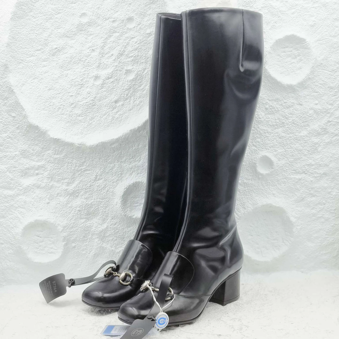 99新 GUCCI/古驰 新/古驰/35.5码/马衔扣长款黑色皮靴/盒子尘袋