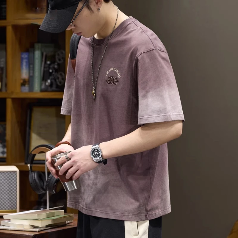 LEIGHZ/雷茨短袖T恤男士夏季宽松潮牌复古水洗渐变刺绣圆领上衣男