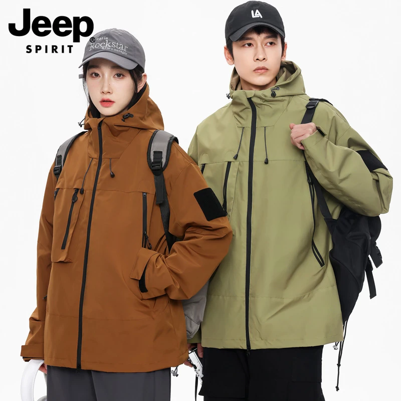 JEEP吉普冲锋衣男女同款情侣装三防登山服软壳外套连帽夹克上衣男