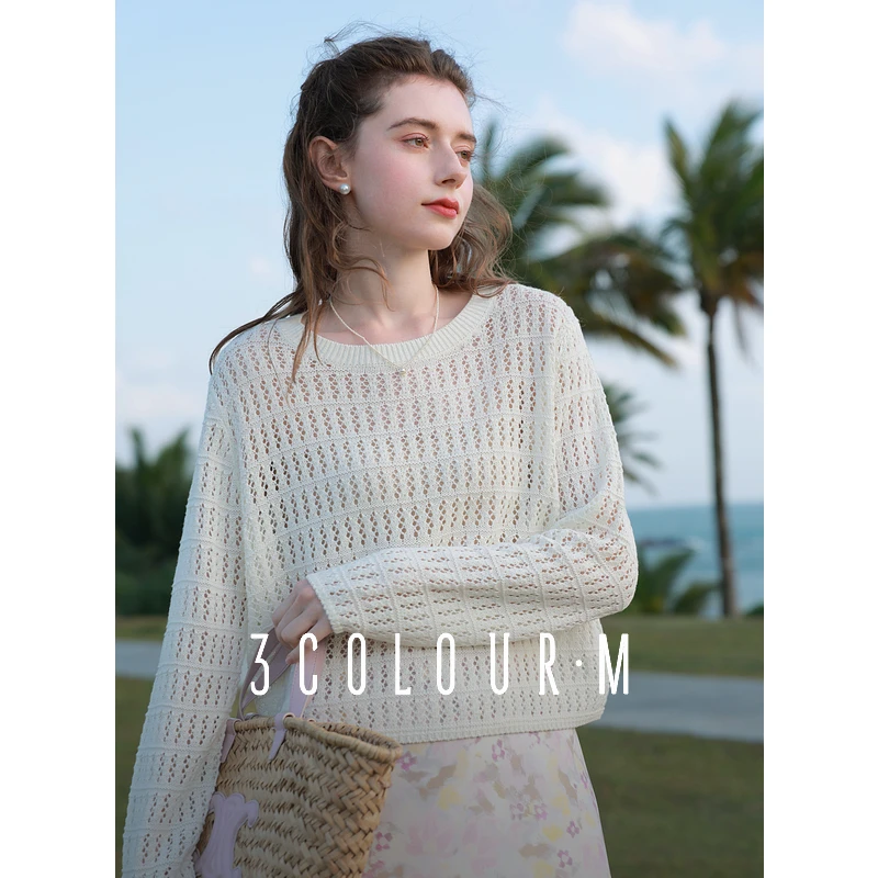 三彩2025夏季新款镂空针织衫长袖波嬉罩衫宽松短款薄上衣女M1702