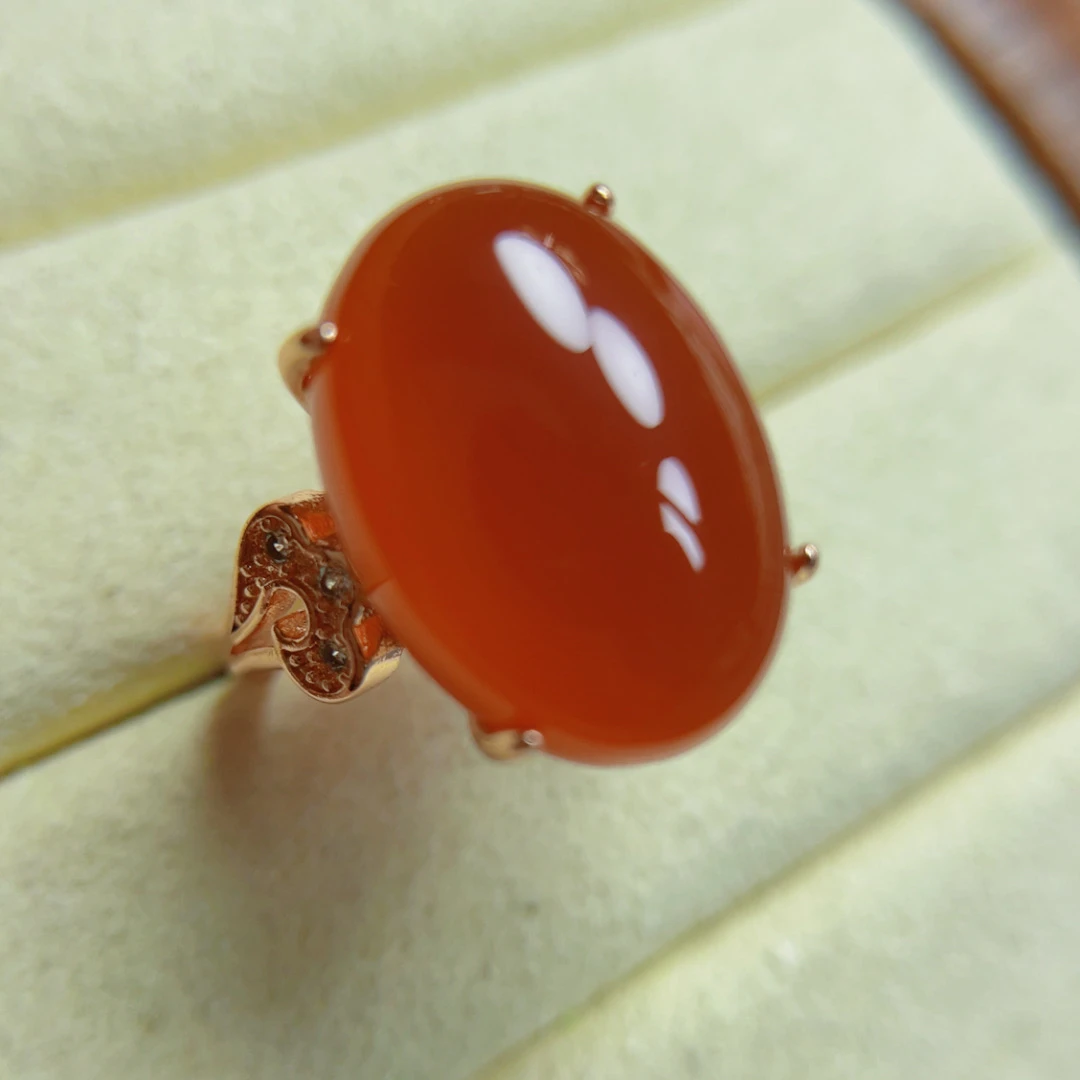 天然正品满色满色牛血红大蛋面戒指