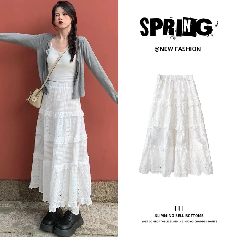 白色蛋糕裙女春夏季2025新款高腰中长款a字半身裙显瘦蕾丝蓬蓬裙