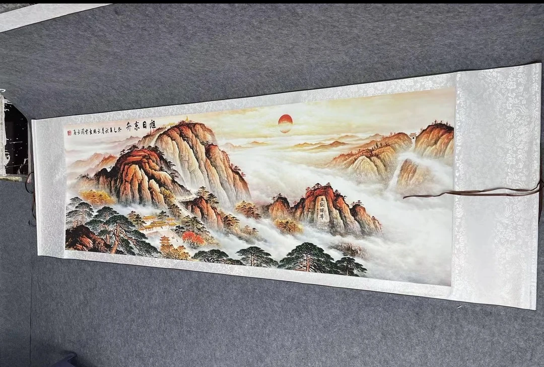 220*72（旭日东升）客厅玄关高清微喷复刻手工装裱
