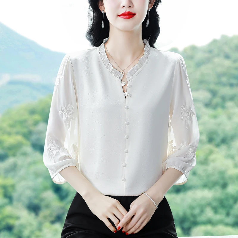 七分袖雪纺衬衫女士刺绣小衫洋气遮肚子减龄时尚上衣夏季新款