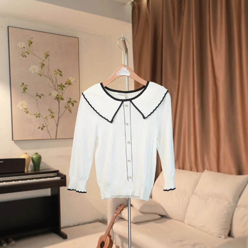 G441 黑白撞色娃娃领九分袖针织衫女 334D31