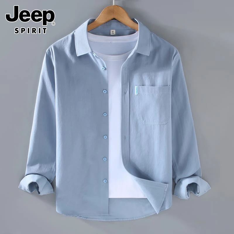 Jeep吉普男士纯棉长袖衬衫春秋新款时尚宽松百搭休闲高端衬衣外套